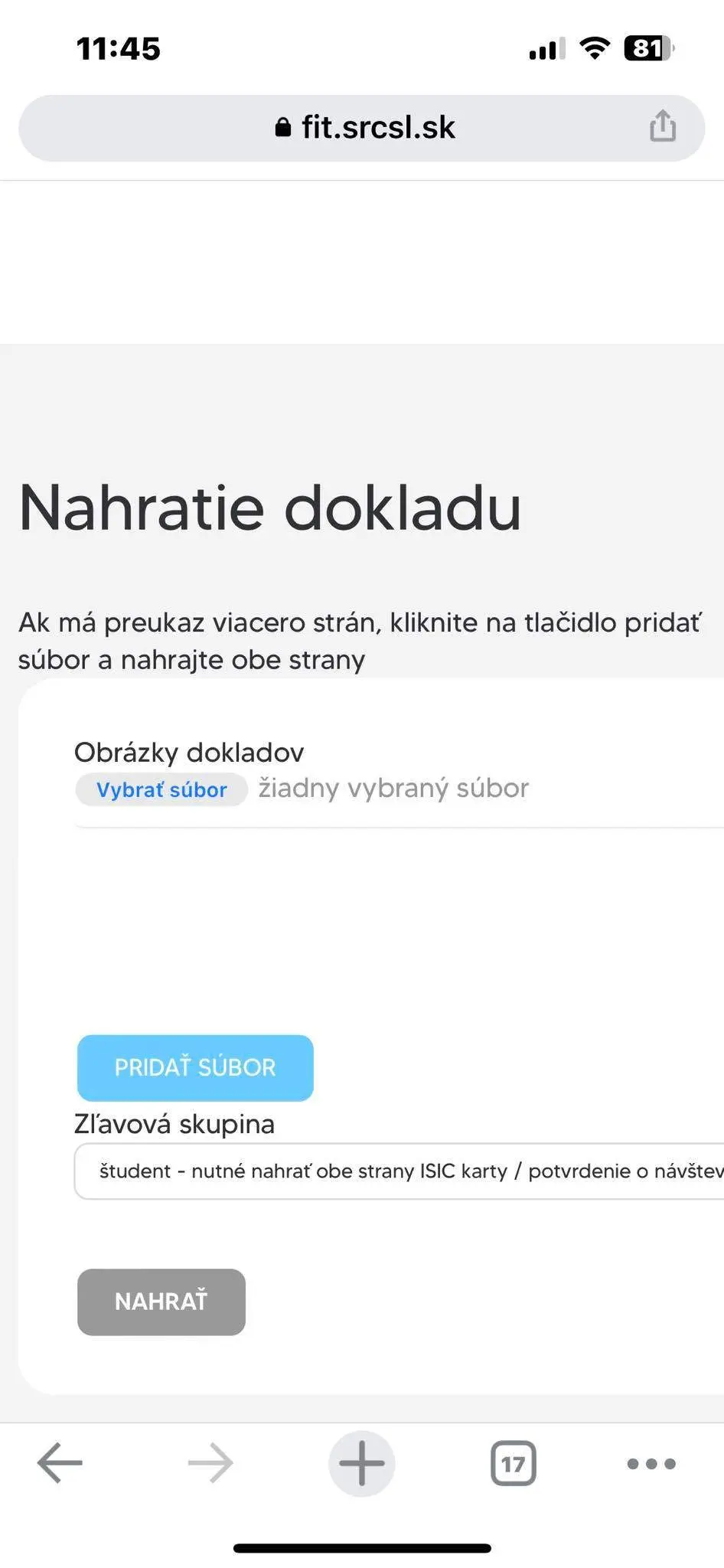 Screenshot-nahranie dokladu na získanie zľavovej skupiny